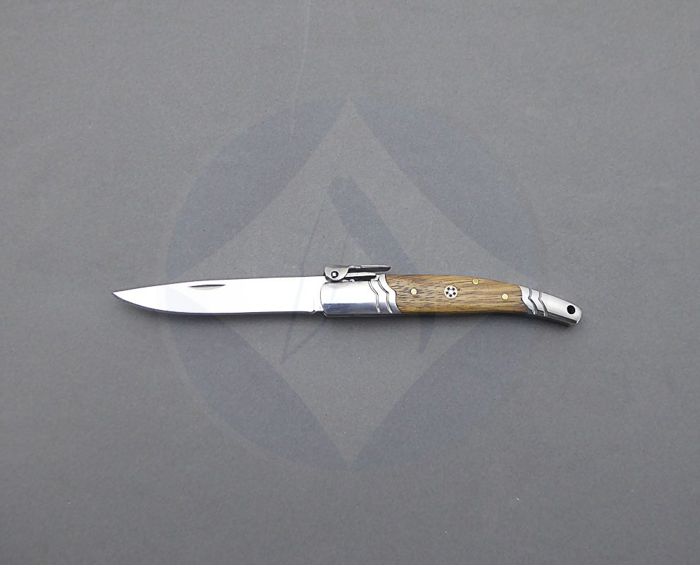 Navaja clásica con mango de madera cebra y virola de acero, hoja de acero inoxidable de 8 cm